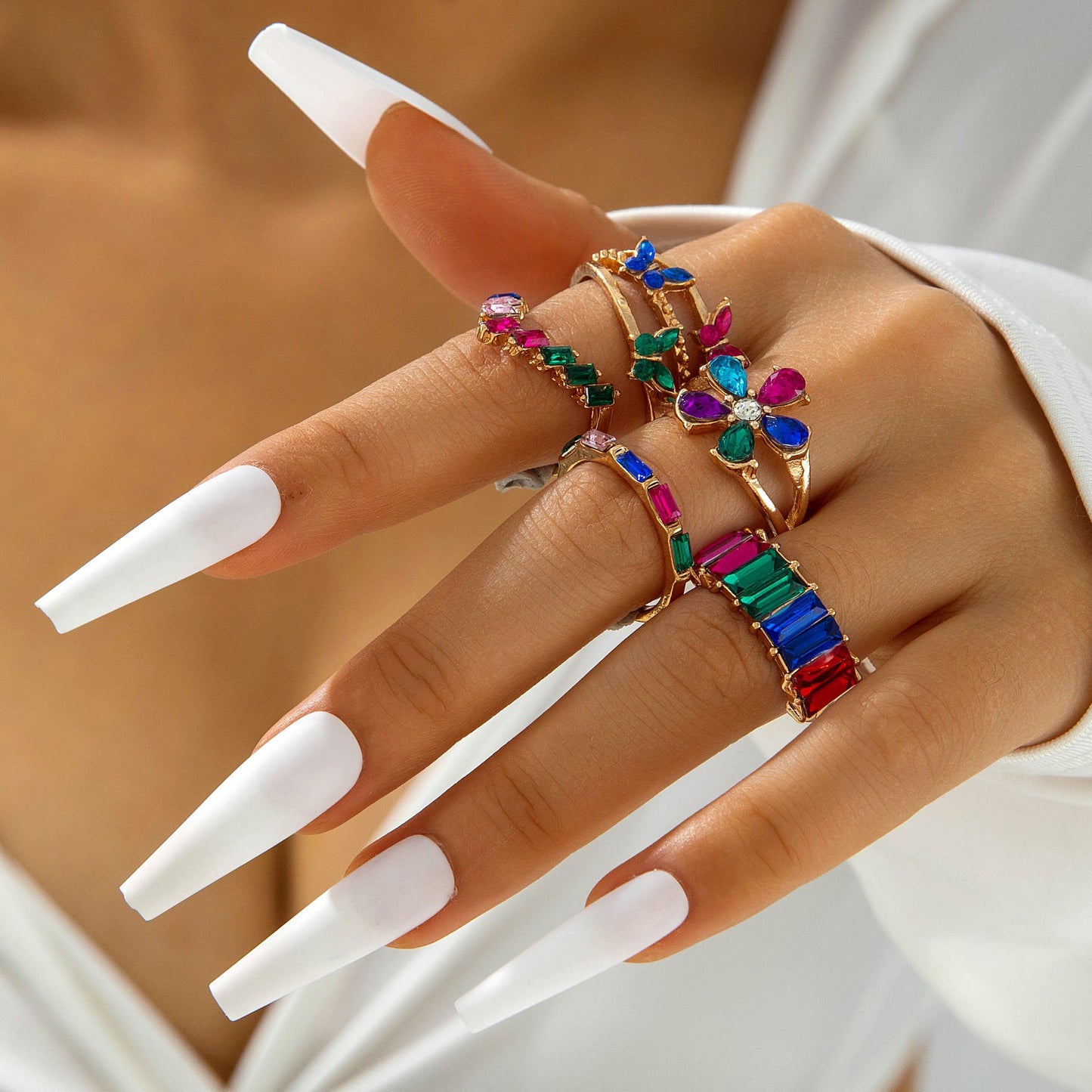 Heart Gemstone Ring Geometric Alloy Ring Set
