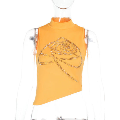 Trendy Sleeveless High Neck Top With Floral Rhinestone Design