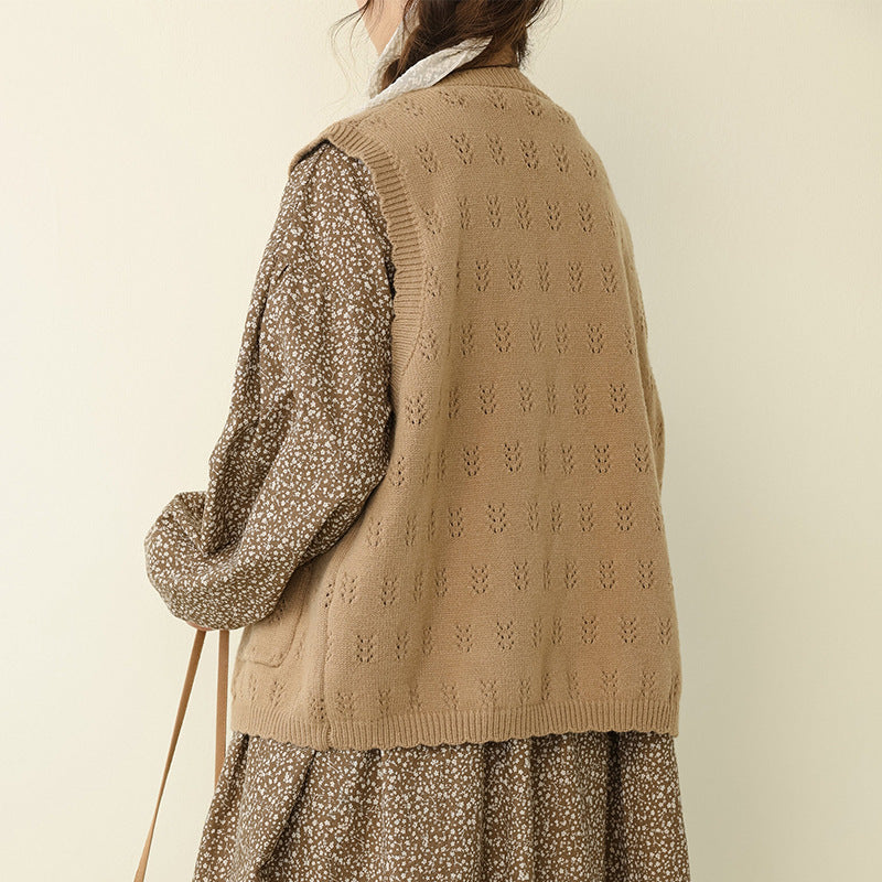 Solid Color Crochet Knit Vest Sweater Casual Layering Cardigan