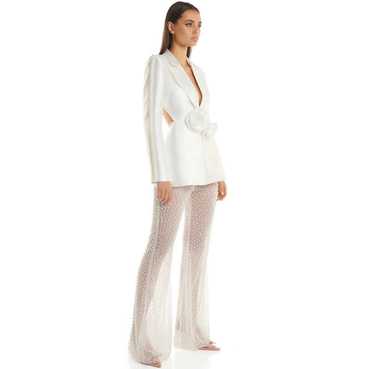 Trendy Hollow Floral Beaded Blazer Pants Set