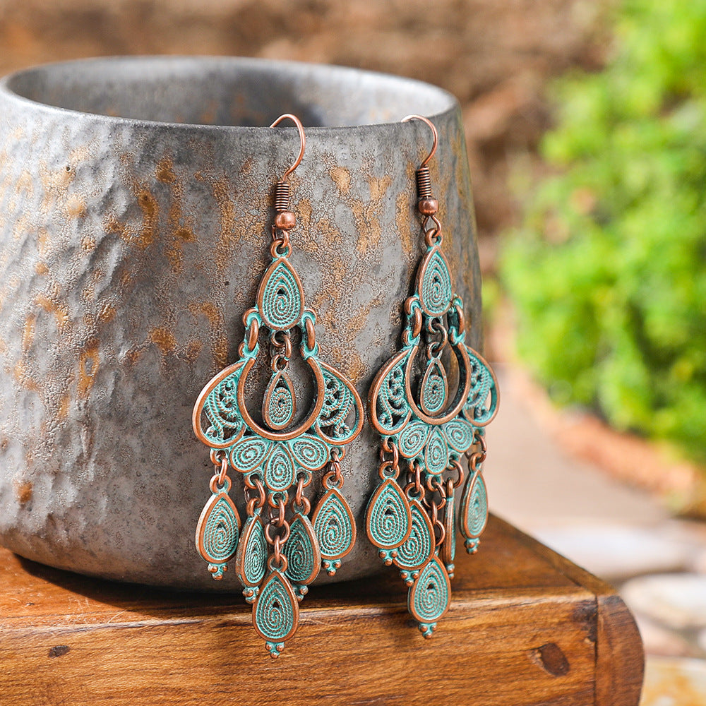 Bohemian Style Geometric Turquoise Tassel Earrings Set