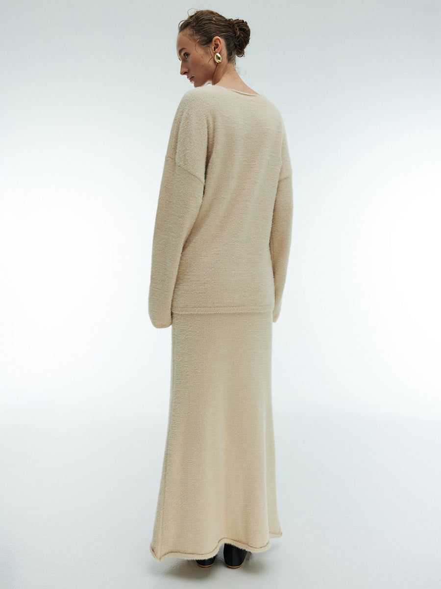 Cozy Knit V-Neck Sweater And Maxi Skirt Set