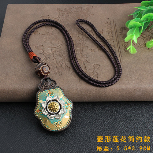 Vintage Ebony Nepal Pendant Fortune Transfer Necklace Long Versatile Ethnic Style Peace Card Pendant Necklace