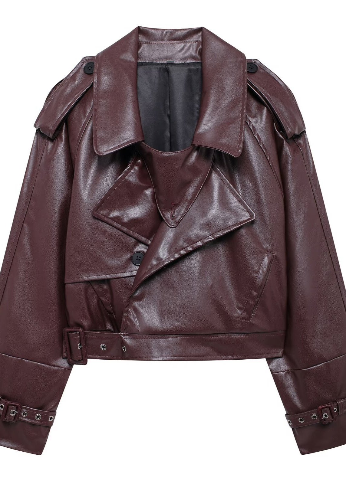 Cropped Faux Leather Moto Jacket In Burgundy