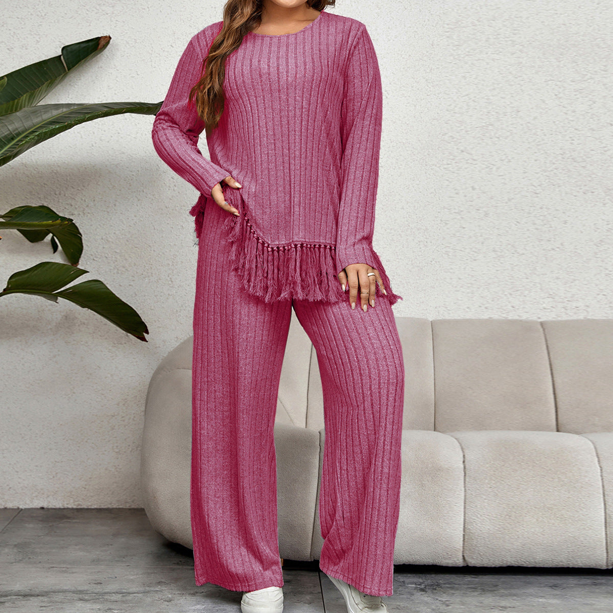 Casual Loose Long Sleeve Tassel Top And Wide Leg Pants Set