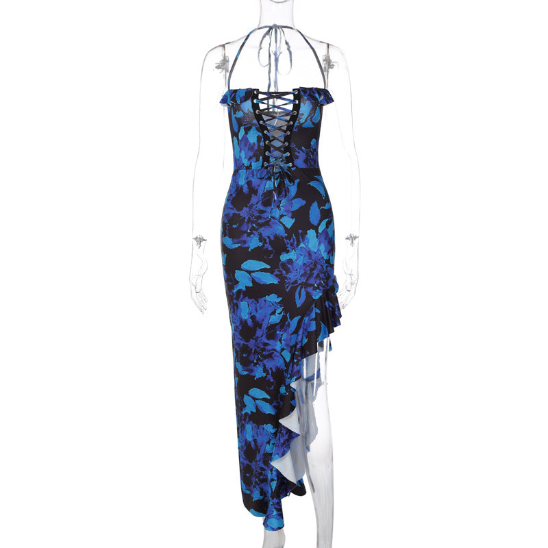 Trendy Sexy Open Back Halter Tie Floral Maxi Dress