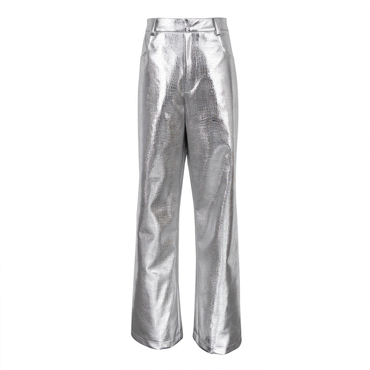 Trendy Silver PU Leather High-Waisted Straight Pants for Women
