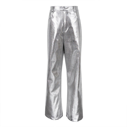 Trendy Silver PU Leather High-Waisted Straight Pants for Women
