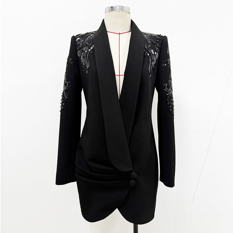 Embroidered Pearl Detail Blazer Dress Elegant Fashion