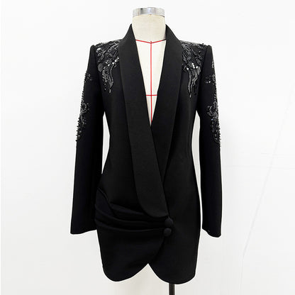 Embroidered Pearl Detail Blazer Dress Elegant Fashion