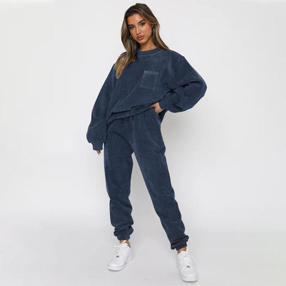 Solid Color Corduroy Casual Pullover Set