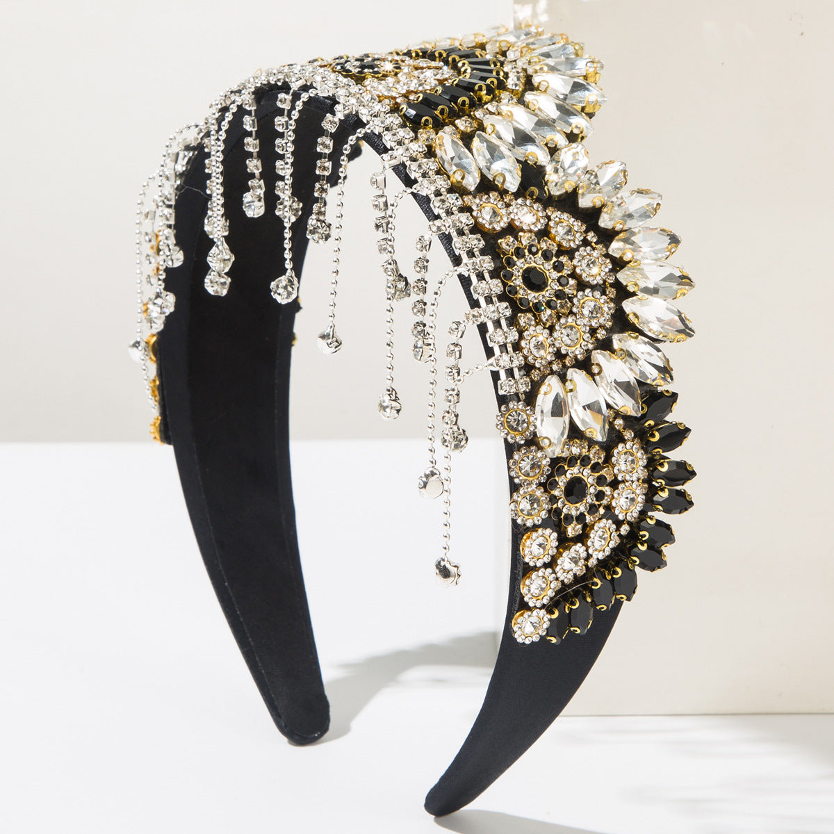 Elegant Baroque Crown Headband with Rhinestones and Tassels