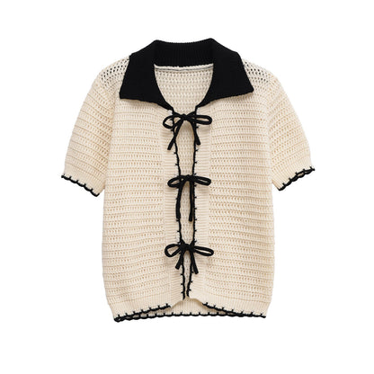 Color Block Bow Front Short Sleeves Knit Top