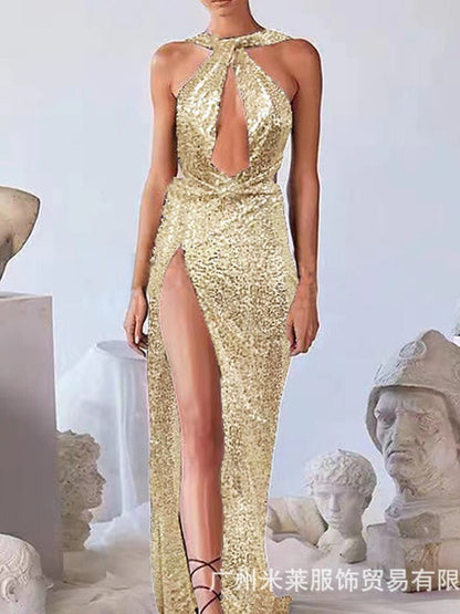 Sequined Halter Neck Dress Elegant Evening Gown
