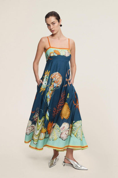 New Floral Print Linen A-Line Dress