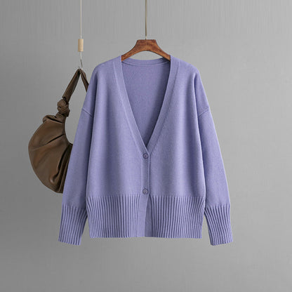 Elegant V-Neck Solid Color Loose Knit Cardigan