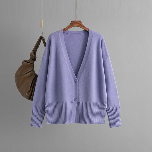 Elegant V-Neck Solid Color Loose Knit Cardigan