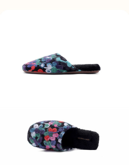Flower Embroidery Soft Warm Plush Indoor Slippers