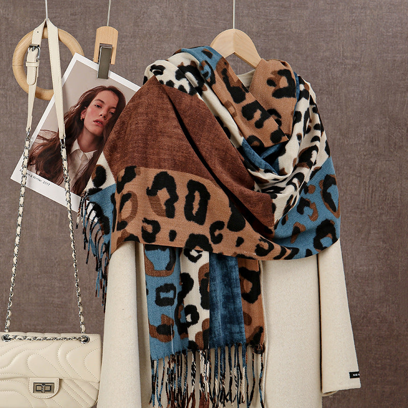 Sscarvii - Leopard Patchwork Tassel Winter Scarf