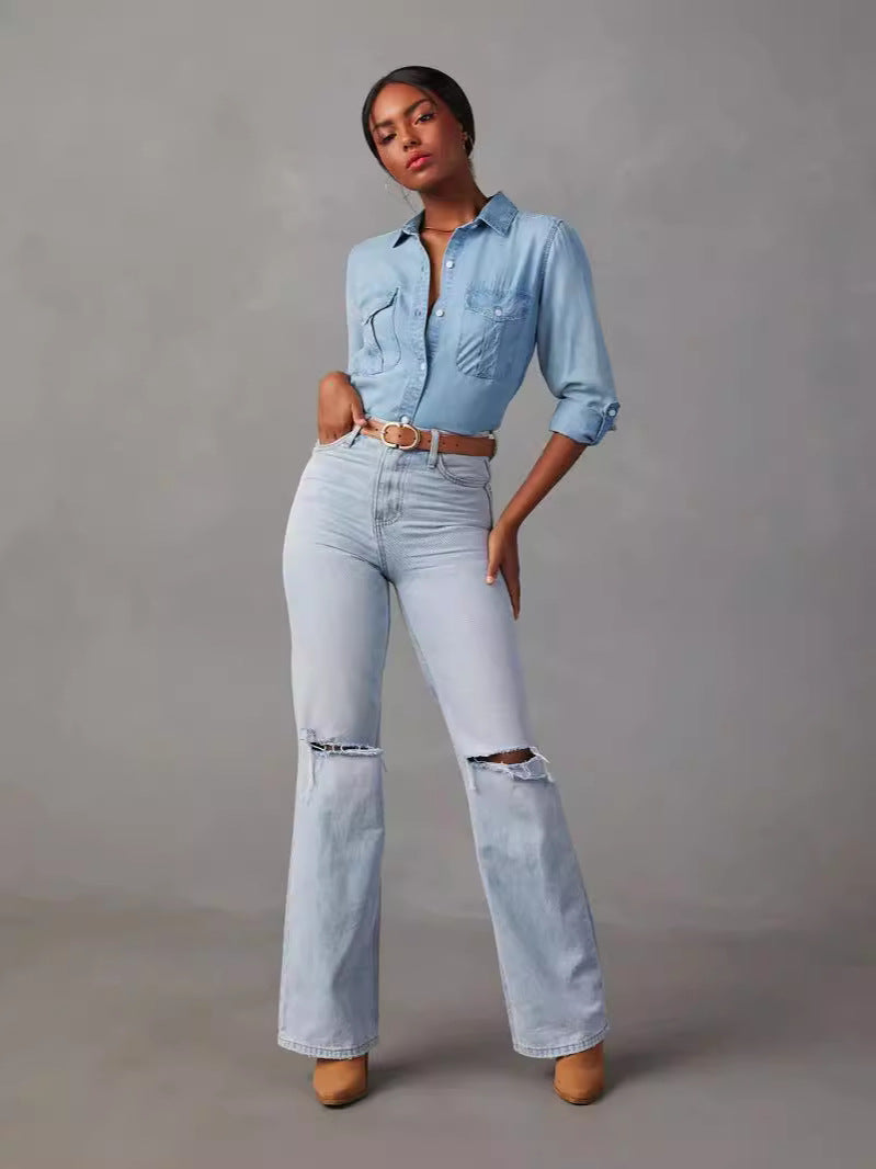 Casual Long Sleeve Denim Shirt With Polo Collar