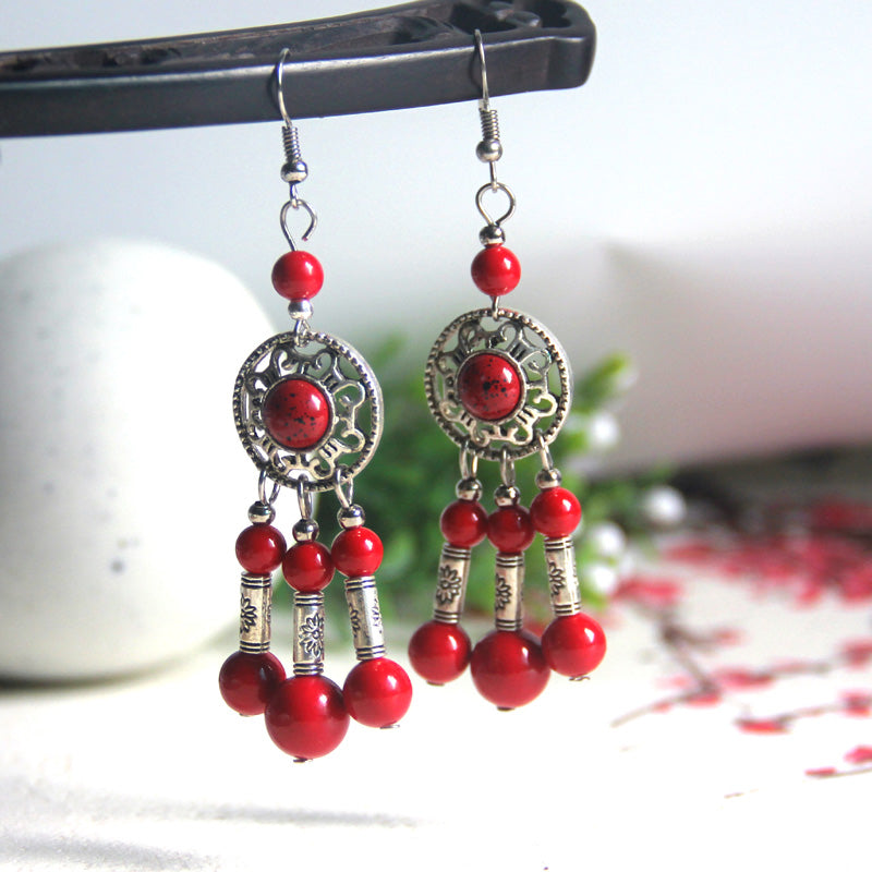 Tibetan Pine Stone Earrings Long Exaggerated Transfer Earrings