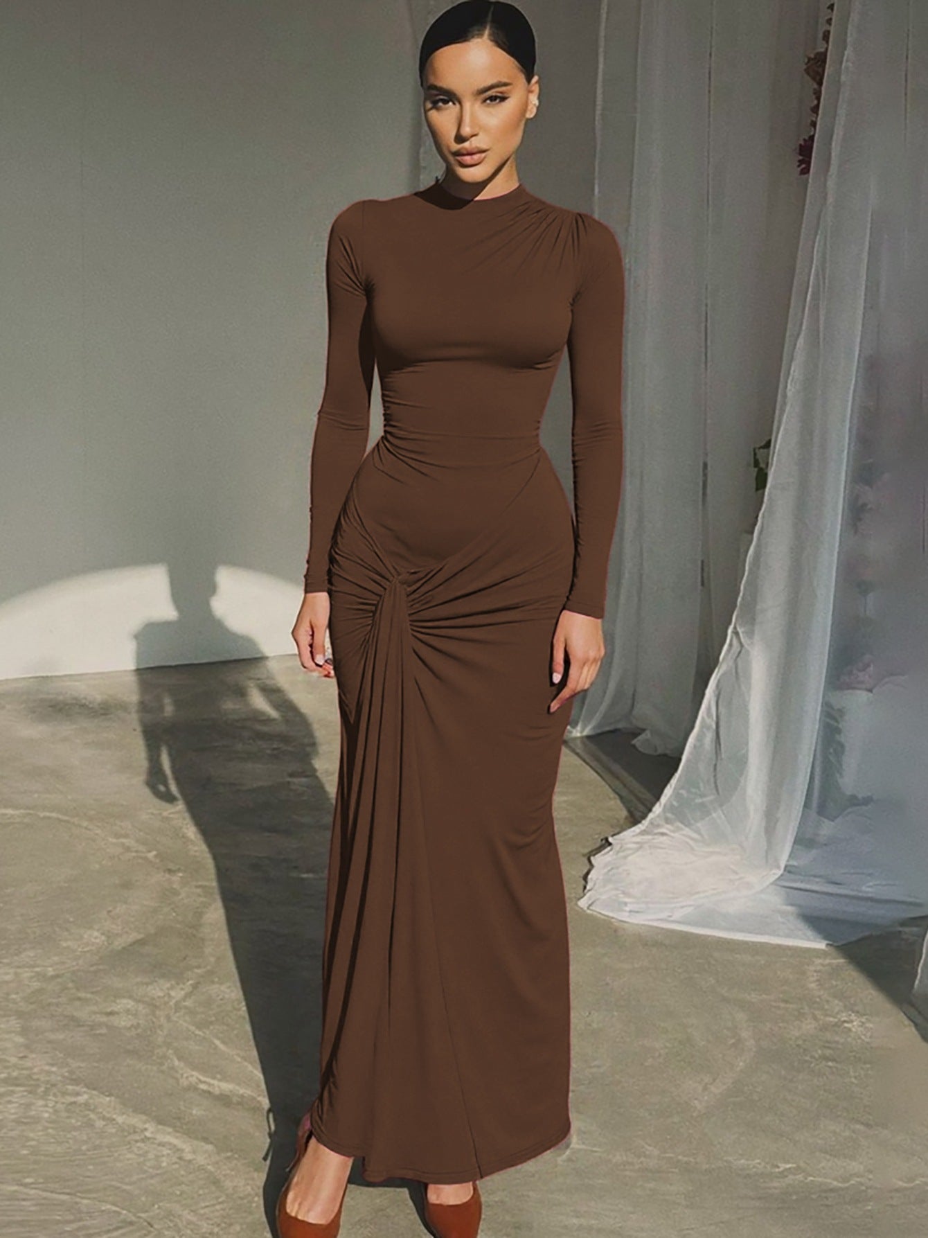 Bodycon Long Sleeve Dress Solid Color Elegant Style