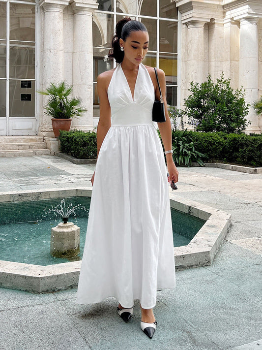 Cotton Long Maxi Dress With V-Neck Tie Waist