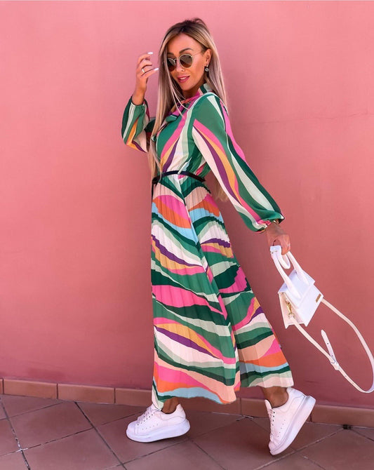 Holiday Long-Sleeved Print Maxi Dress