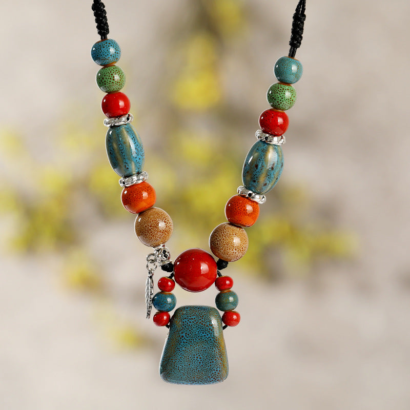 Retro Ethnic Style Ceramic Necklace For Women'S Simple Collar Chain Versatile Red Pendant Long Sweater Chain Pendant Accessories