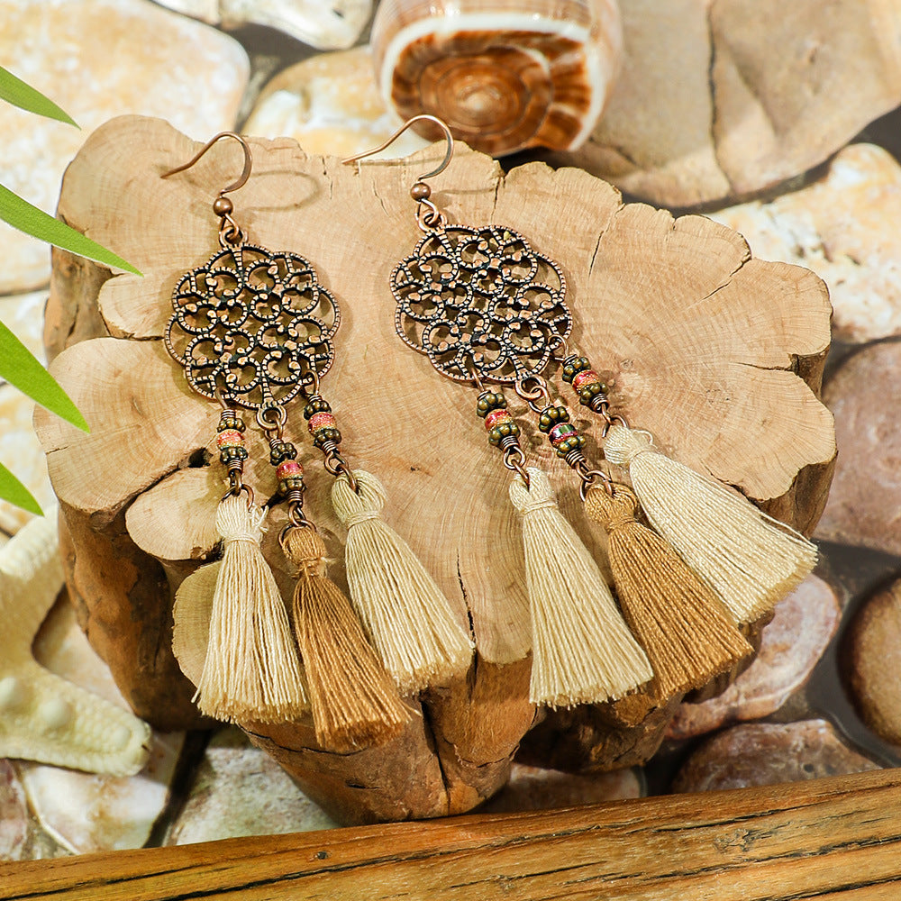 Bohemian Dreamcatcher Tassel Earrings and Wooden Necklace Set