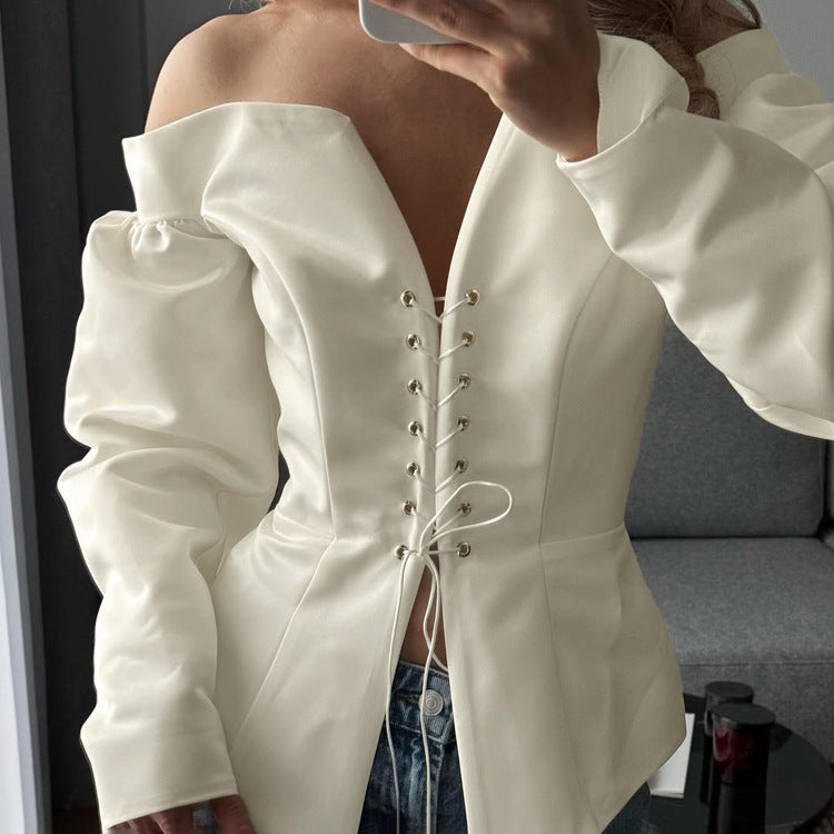 Off-Shoulder Tie Front Long Sleeve Top for Women