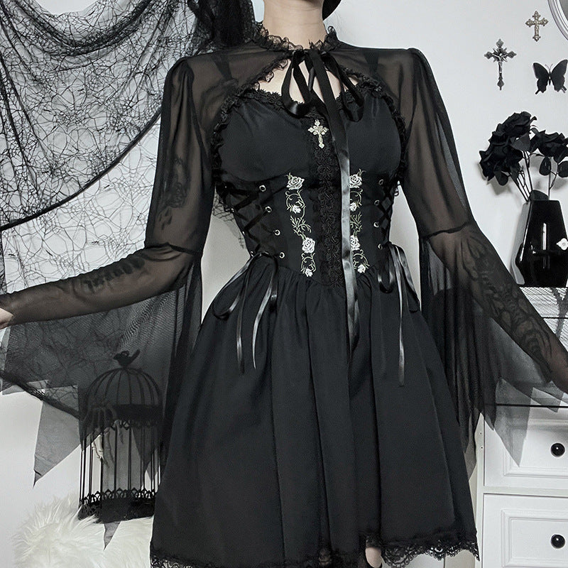 Sheer Lace Panel Long Sleeve Top with Tie Band