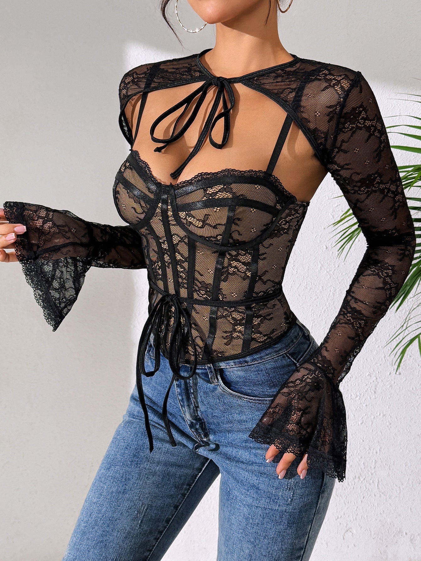 Sheer Lace Backless Long Sleeve Two-Piece Set