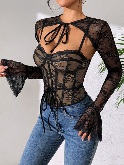 Sheer Lace Backless Long Sleeve Two-Piece Set
