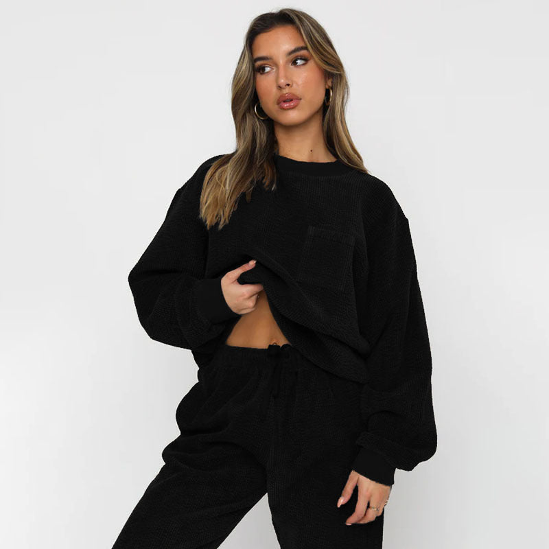 Solid Color Corduroy Casual Pullover Set