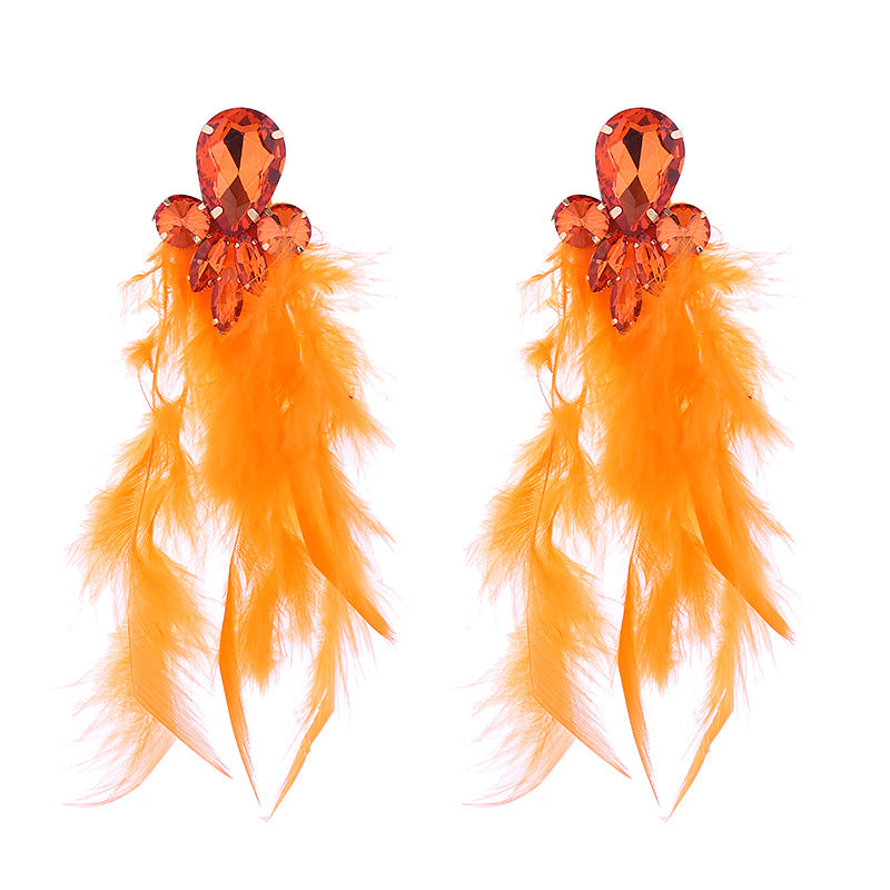 Feather Long Earrings with Rhinestones Stylish Geometry Design