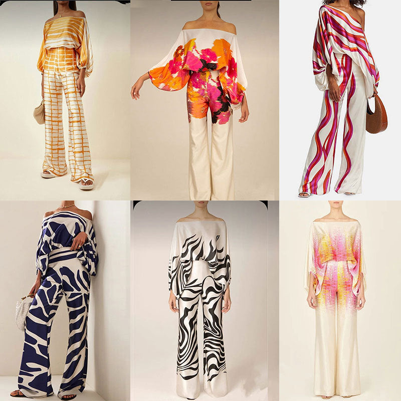 2025 Spring New Suit Printed Round Neck Loose Bat Sleeve Waist Wide Leg Pants Fashion Suit