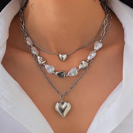 Trendy Heart Pendant Layered Necklace With Metal And Pearl Design