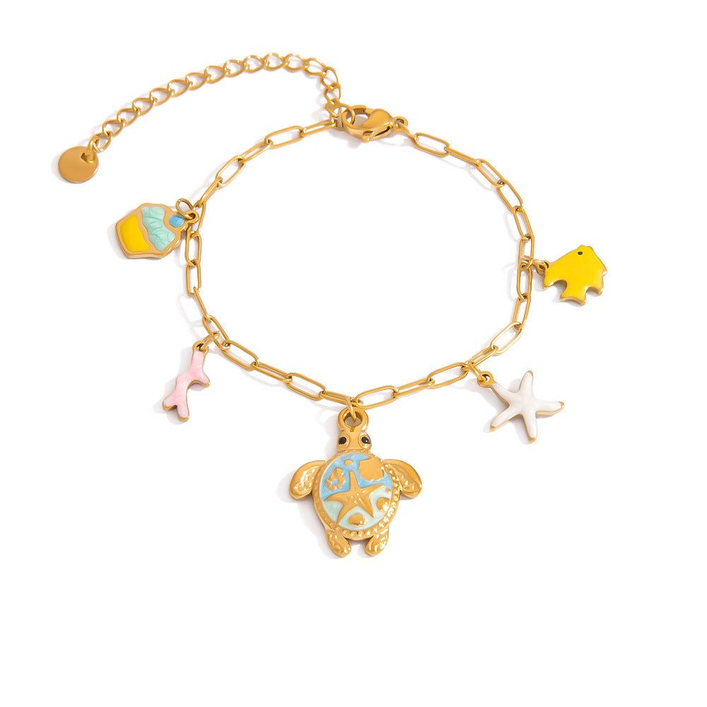 Stainless Steel Turtle Starfish Pendant Bracelet Fashionable Beach Jewelry