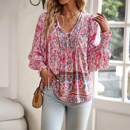 Bohemian Print Long Sleeve Cotton Blouse for Women