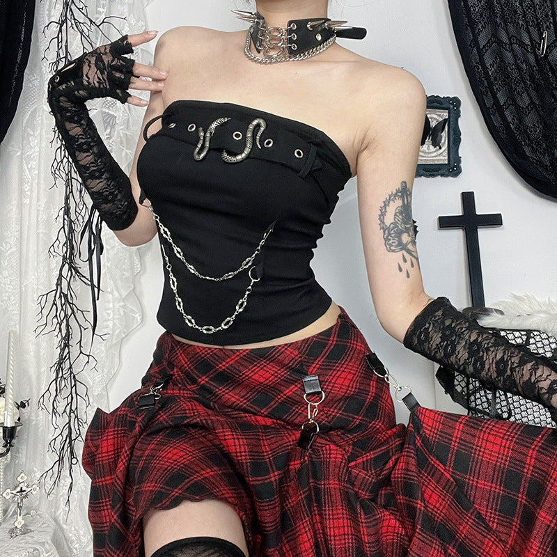 Black Fashion Snake Buckle Strapless Crop Top