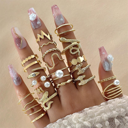 Trendy Leaf Heart Rings Geometric Pearl Joint Stacking Ring Set