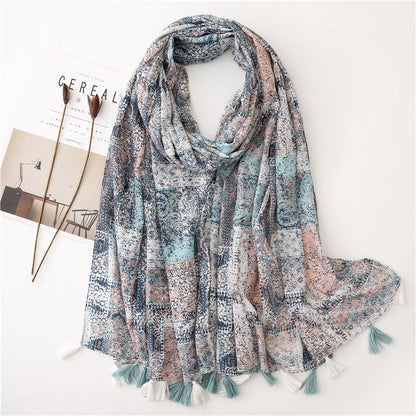 Japanese Literary And Artistic Fresh Cotton And Linen Scarf Retro Patchwork Bohemian Cashew Print Silk Scarf Beautiful Sunscreen Scarf