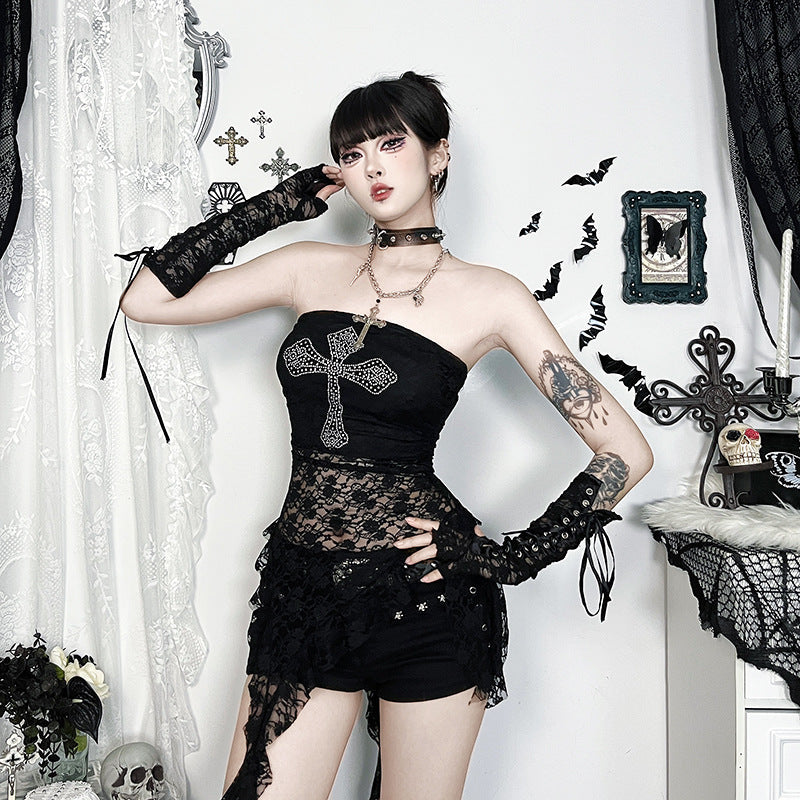 New Gothic Style Strapless Black Rhinestone Crop Top