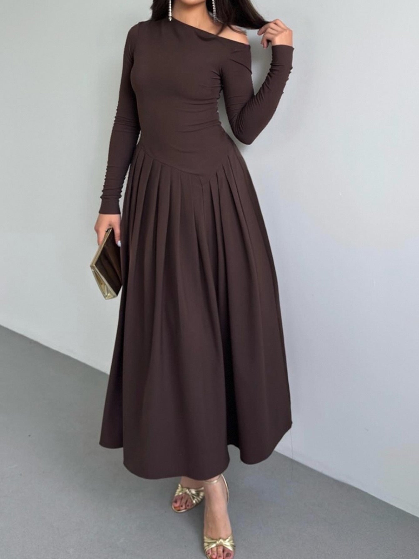 Elegant High Waist Long Sleeve Maxi Dress for Women