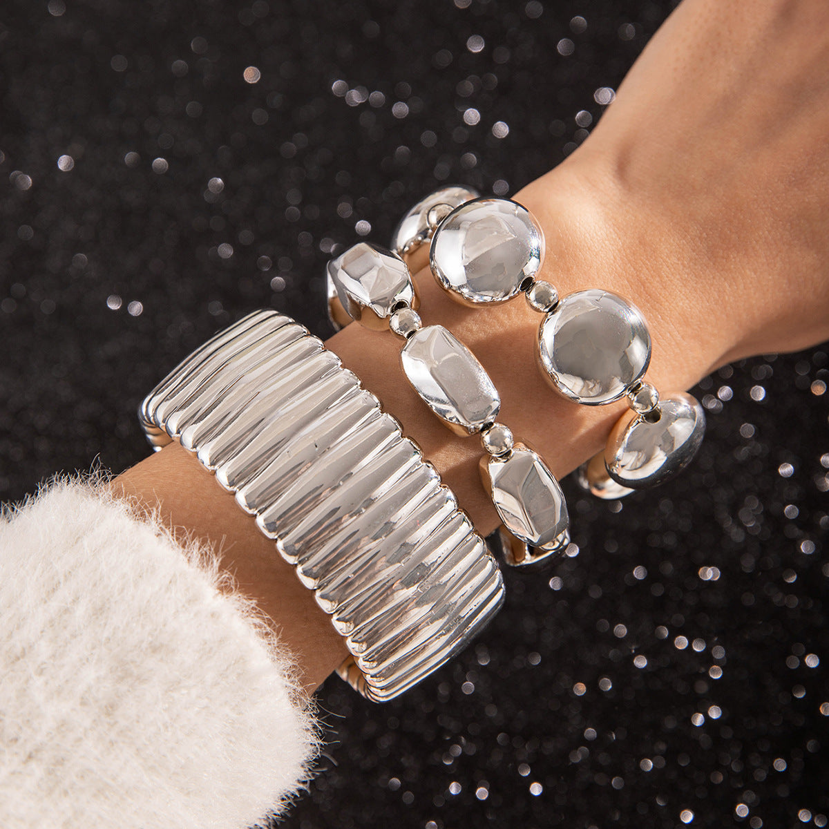 Layered Geometric Statement Cuff Bracelet Set