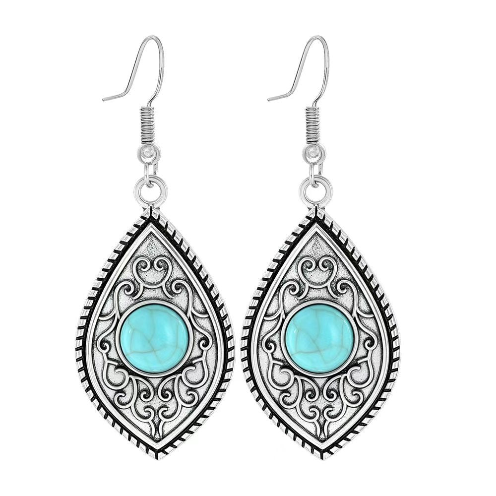 Simple Tribal Flower Teardrop Circle Turquoise Earring Set