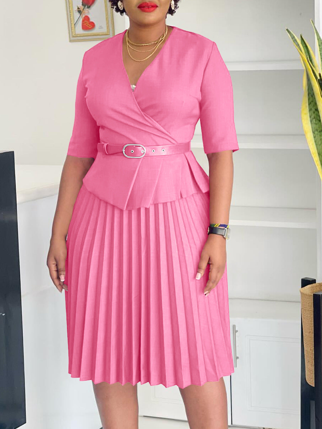 Elegant A-Line V-Neck Dress With Belt