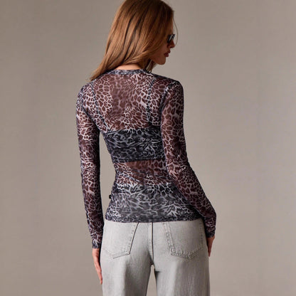 Trendy Round Neck Leopard Print Slim Blouse