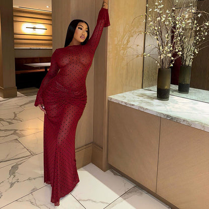 Elegant Polka Dot Bodycon Dress With Long Sleeves